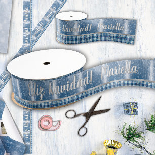 Lazo De Tela Gruesa Nombre Español Feliz Navidad Elegante Azul