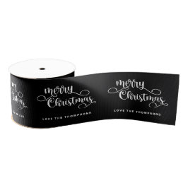 Lazo De Tela Gruesa Ornate Script Name White Black Merry Christmas