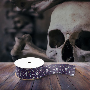 Lazo De Tela Gruesa Oscuro Purple Halloween Skull Eyeballs Bones Patró