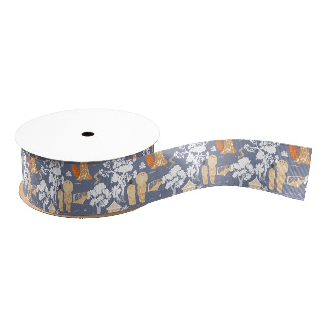 Lazo De Tela Gruesa Pagodas Chinoiserie azul (Carrete)