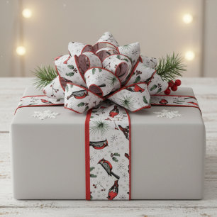 Lazo De Tela Gruesa Pájaros cardenales rojos y grises y patrón holly