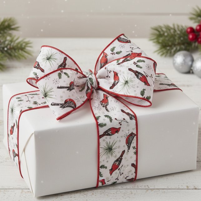 Lazo De Tela Gruesa Pájaros rojos y blancos cardenales y patrón holly (Modern Red Cardinal Bird Xmas Ribbon. Rustic Cardinal Bird, Holly Berries, Snowflakes Nature Pattern)