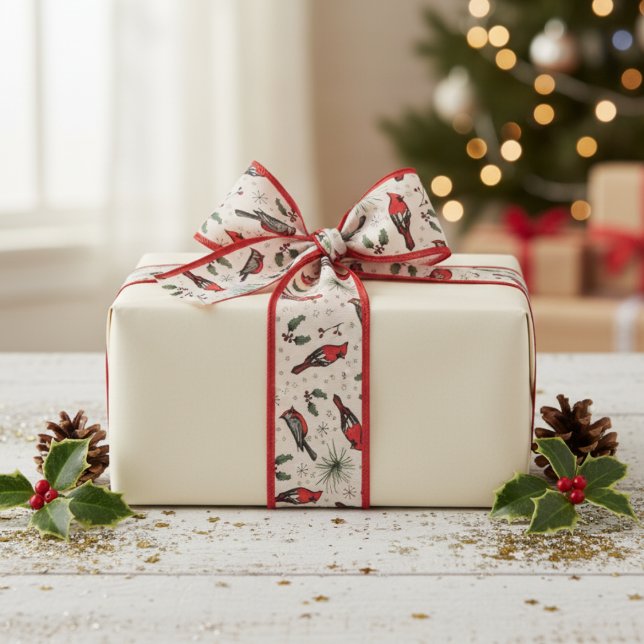 Lazo De Tela Gruesa Pájaros y patrones holly del cardenal rojo y marfi (Modern Red Cardinal Bird Xmas Ribbon. Rustic Cardinal Bird, Holly Berries, Snowflakes Nature Pattern)