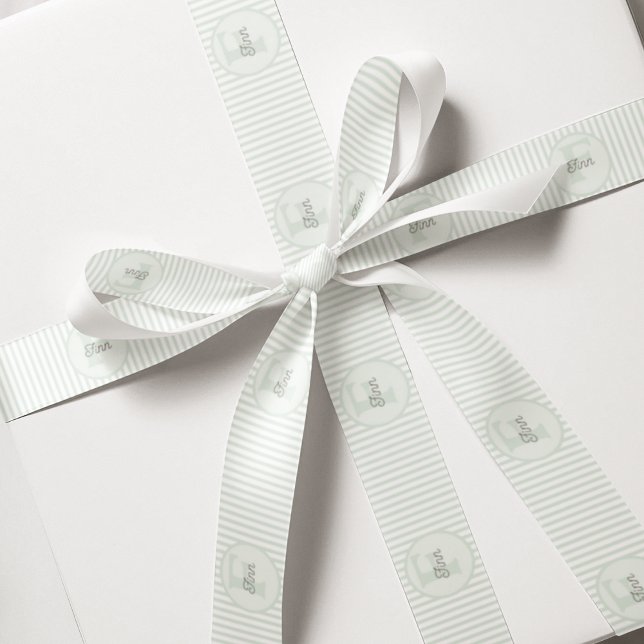 Lazo De Tela Gruesa Pastel monogramado Verde y franja blanca (Cute Gender Neutral Monogram and Name Ribbon for Kids. Pastel Green and White Stripes.)