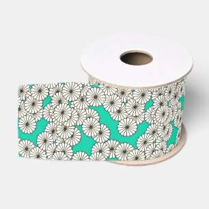 Lazo De Tela Gruesa Patrón de flores Art Deco - blanco sobre turquesa