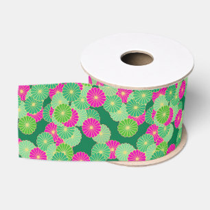 Lazo De Tela Gruesa Patrón de flores Art Deco - tonos de verde, fucsia