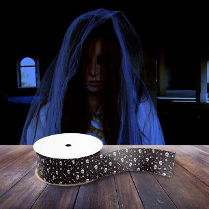 Lazo De Tela Gruesa Patrón de huesos de ojales negros de Halloween