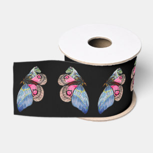 Lazo De Tela Gruesa Patrón de mariposas exóticas rosa azul