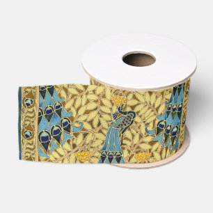 Lazo De Tela Gruesa Patrón Floral de Pavo Real Azul Art Nouveau Vintag