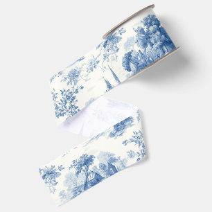 Lazo De Tela Gruesa Patrón floral de toile de Jouy azul vintage francé