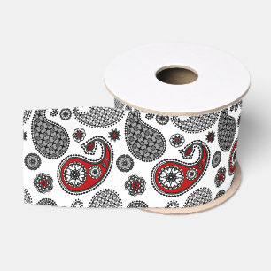 Lazo De Tela Gruesa Patrón paisley, negro, blanco y rojo