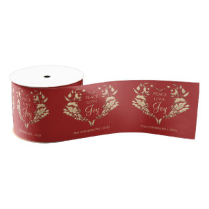 Lazo De Tela Gruesa Peace Love Joy Red Gold Personalizado