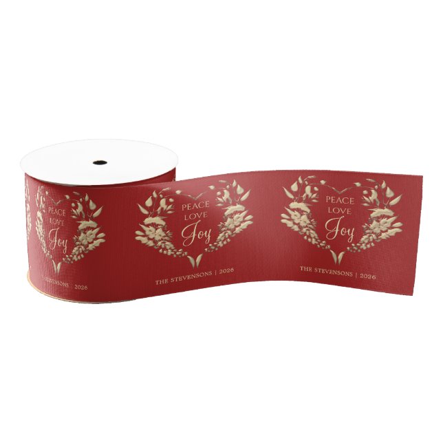 Lazo De Tela Gruesa Peace Love Joy Red Gold Personalizado (Carrete)
