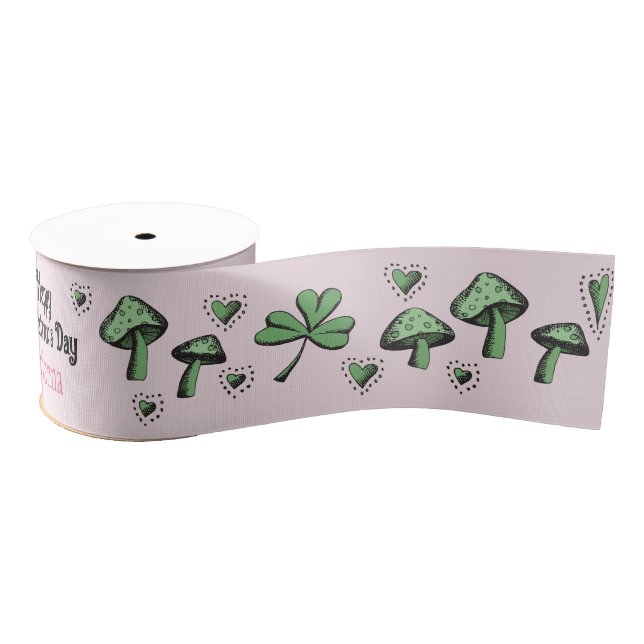 Lazo De Tela Gruesa Personalizado Pink & Green Shamrock Heart & Mushro (Carrete)
