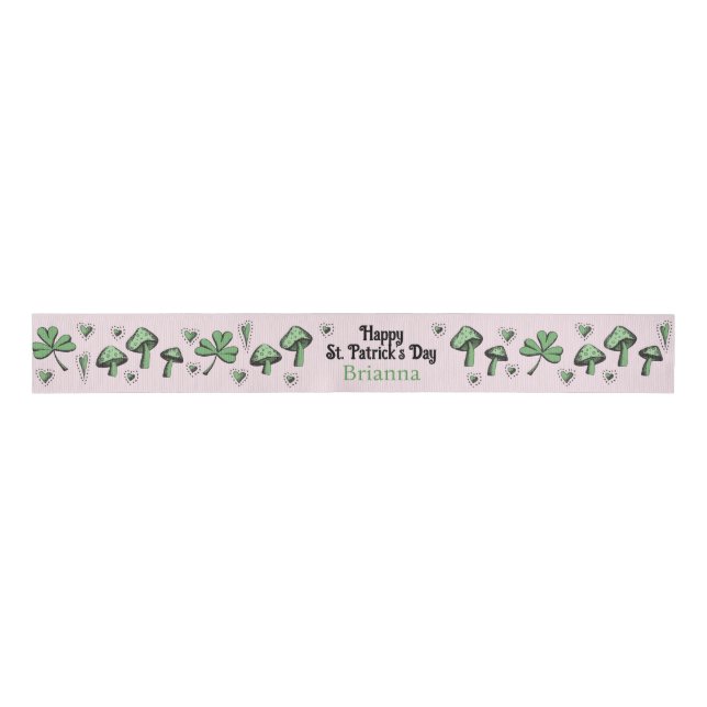 Lazo De Tela Gruesa Personalizado Pink & Green Shamrock Heart & Mushro (Anverso)