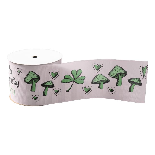 Lazo De Tela Gruesa Personalizado Pink & Green Shamrock Heart & Mushro (Carrete)