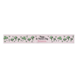 Lazo De Tela Gruesa Personalizado Pink & Green Shamrock Heart & Mushro