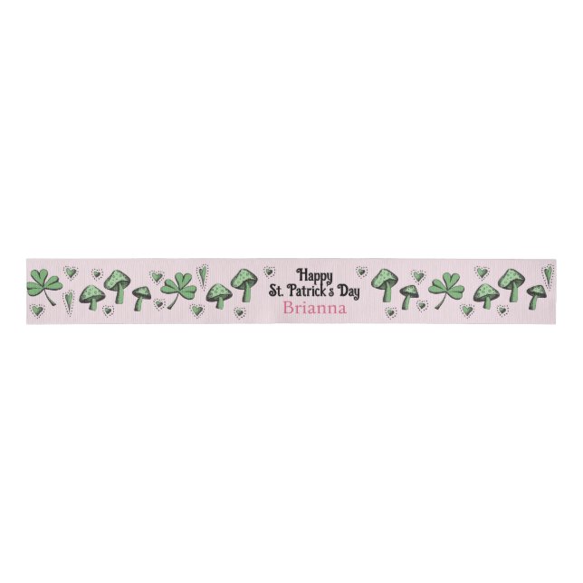 Lazo De Tela Gruesa Personalizado Pink & Green Shamrock Heart & Mushro (Anverso)