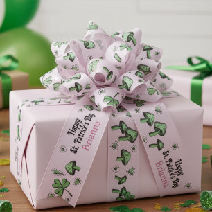 Lazo De Tela Gruesa Personalizado Pink & Green Shamrock Heart & Mushro