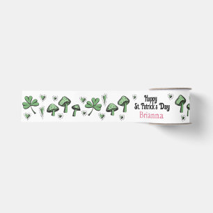 Lazo De Tela Gruesa Personalizado Pink & Green Shamrock Heart & Mushro