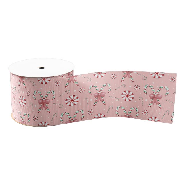 Lazo De Tela Gruesa Pink Coquette Candy Cane Pattern Holiday (Carrete)