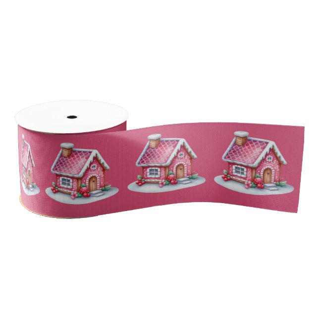 Lazo De Tela Gruesa Pink Gingerbread House On Pink  (Carrete)