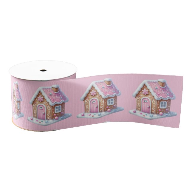 Lazo De Tela Gruesa Pink Gingerbread House On Pink  (Carrete)