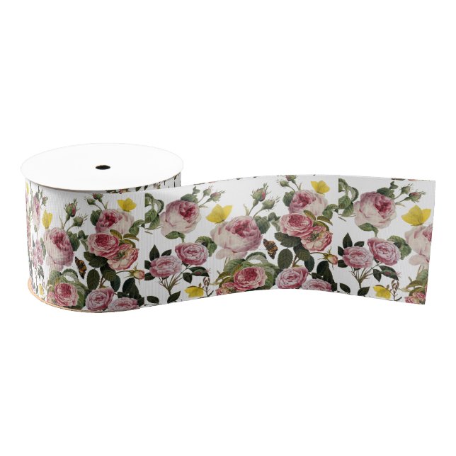 Lazo De Tela Gruesa PINK ROSES AND YELLOW BUTTERFLIES White Floral (Carrete)