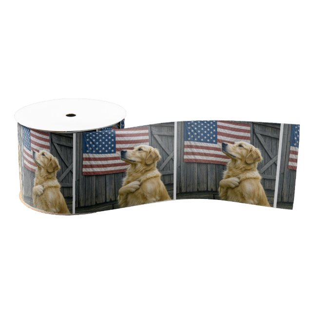 Lazo De Tela Gruesa Proud Golden Retriever With American Flag (Carrete)