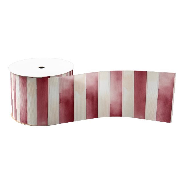 Lazo De Tela Gruesa Red Burgundy Cream Stripes Christmas (Carrete)