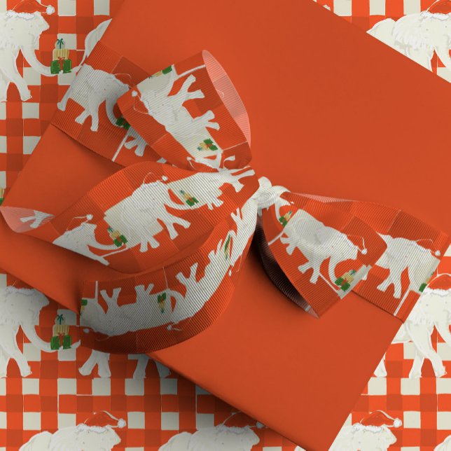 Lazo De Tela Gruesa Red Checkered White Elephant Christmas Party (White elephant Christmas party theme illustrated grosgrain ribbon with a red checkered background.)