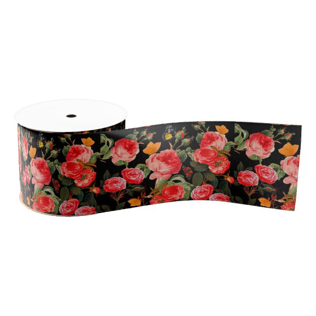 Lazo De Tela Gruesa RED  ROSES AND YELLOW BUTTERFLIES Black Floral (Carrete)