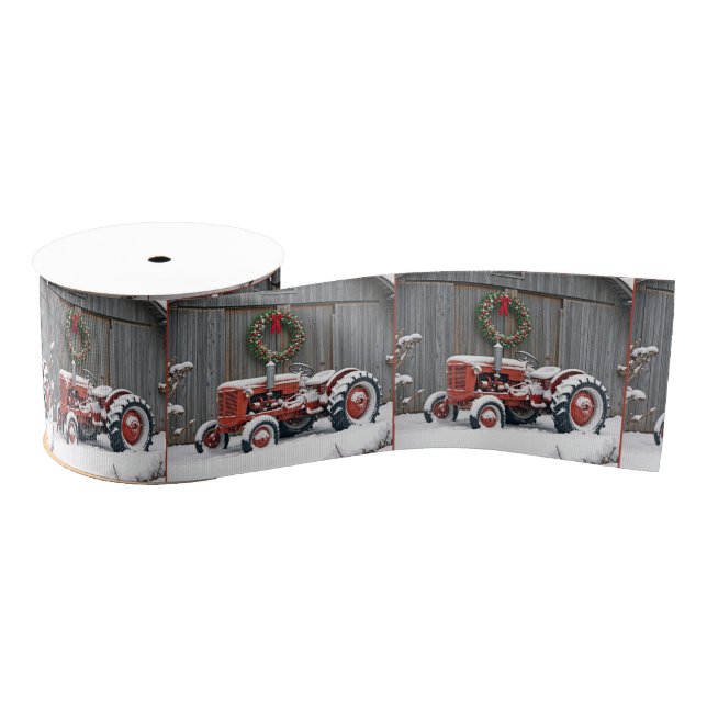 Lazo De Tela Gruesa Red Tractor With Christmas Wreath (Carrete)