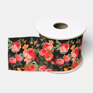 Lazo De Tela Gruesa ROJAS ROSAS Y MARIPOSAS AMARILLAS Floral Negro