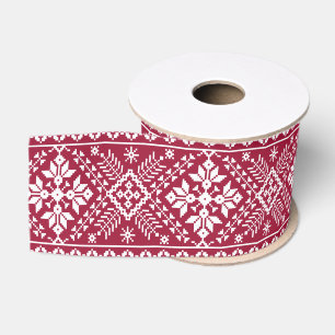 Lazo De Tela Gruesa Rojo y Blanco Copo de Nieve y Floral Fair Isle Nav
