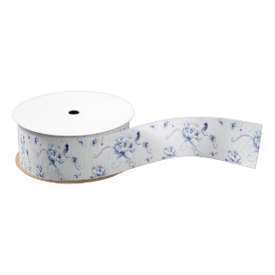 Lazo De Tela Gruesa Rosa Pájaro Azul Chinoiserie Floral