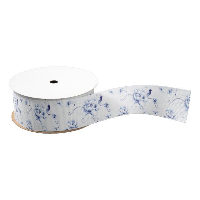 Lazo De Tela Gruesa Rosa Pájaro Azul Chinoiserie Floral (Carrete)