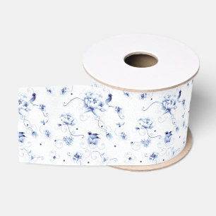 Lazo De Tela Gruesa Rosa Pájaro Azul Chinoiserie Floral