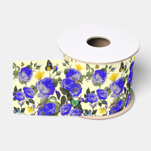 Lazo De Tela Gruesa ROSAS AZULES Y MARIPOSAS AMARILLAS Blanco