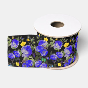Lazo De Tela Gruesa ROSAS AZULES Y MARIPOSAS AMARILLAS Negras