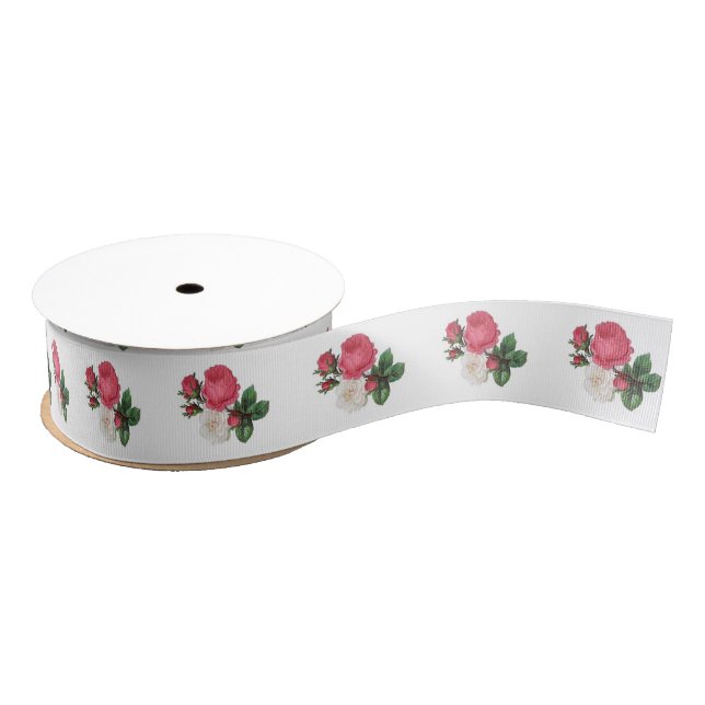 Lazo De Tela Gruesa Rosas de té rosado y blanco Grosgrain Ribbon de 1, (Carrete)