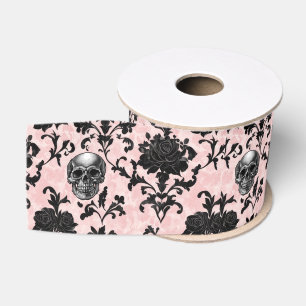 Lazo De Tela Gruesa Rosas y Calaveras Goth de color Rosa y Negro