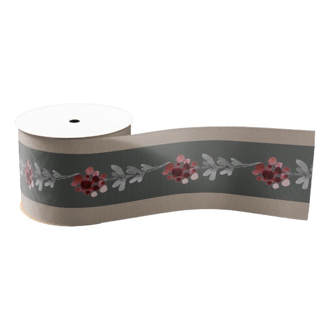 Lazo De Tela Gruesa Rústico Kraft Centro Gris Grueso Stripe Floral 3" (Carrete)