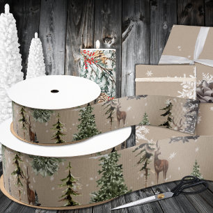Lazo De Tela Gruesa Rústico Kraft Winter Woodland Spruce Trees Reindee