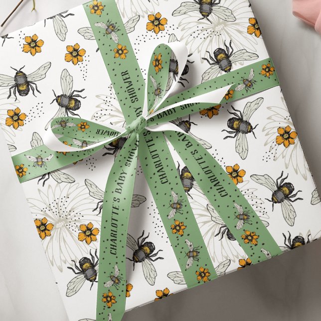 Lazo De Tela Gruesa Sage Green Buzzing Bebe Gracias Baby Shower (Sage Green bees and cosmos flowers with custom text for the occasion. Comes in 1.5" and 3" width :)))