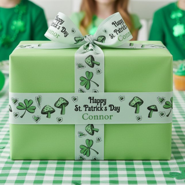 Lazo De Tela Gruesa Sexo Neutral Green Shamrock Heart & Mushroom 3" (Cute Green Shamrocks St Patrick's Day 3 inch Ribbon. Festive Clover, Green Heart & Mushroom Pattern)