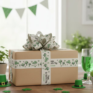 Lazo De Tela Gruesa Sexo Neutral Green Shamrock Heart & Mushroom 3"