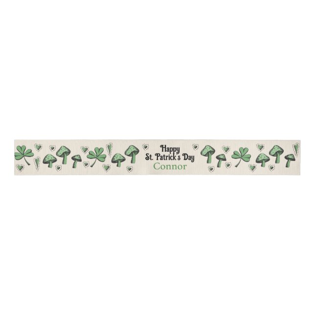 Lazo De Tela Gruesa Sexo Neutral Green Shamrock Heart & Mushroom 3" (Anverso)