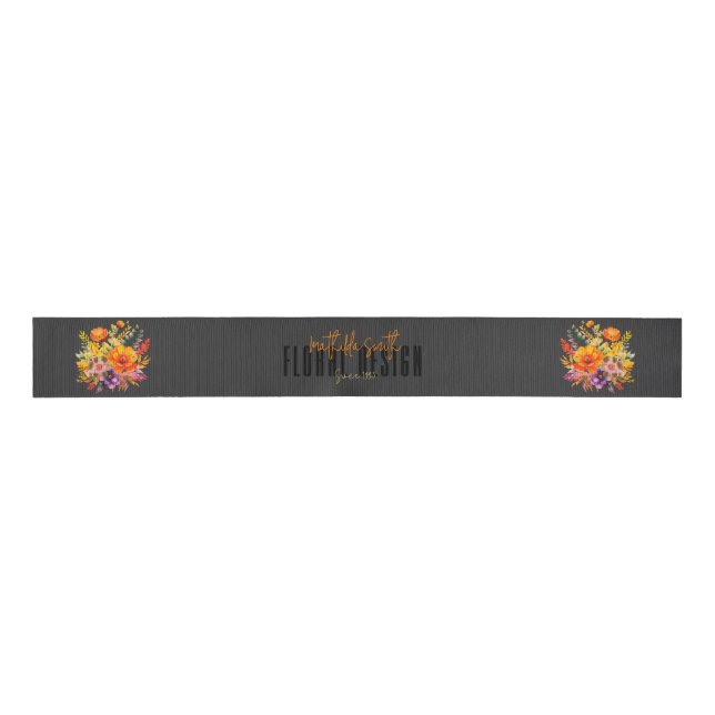 Lazo De Tela Gruesa Sophisticated Floral Design Black Orange Flowers  (Anverso)