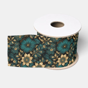 Lazo De Tela Gruesa Tapiz Estilo Vintage Floral Verde Azul Oscuro y Do